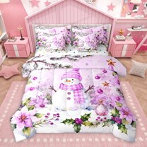 Homewish Kawaii Winter Snowman Bedding Comforter Set 7 Pieces for Kids, Christmas Flower Plant Full Bedding Set, Cute Cartoon Reversible Fitted Sheet Flat Sheet, Ultra Soft Bedroom Decor