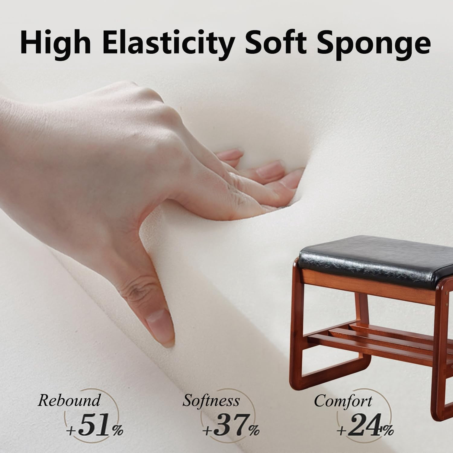 Solid Wood Shoe Bench, 2-Tier Wooden Entryway Bench, Modern Shoe Rack with Faux Leather Cushion for Hallway, Living Room