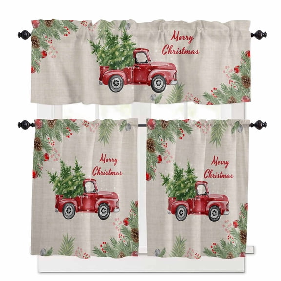 Winter Floral Curtain Valances Set Christmas Eucalyptus Leaves Red Berry Kitchen Curtains 36 inch Length Rod Pocket Valance and Tiers 3 Piece Set Small Bedroom Bathroom Laundry Decor