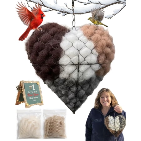 Handmade Alpaca Fiber Bird Nesting Heart – Natural Bird Nesting Material Holder for Wild Birds Winter Tree Shelter & Hummingbird Nester for Garden Yard Patio Decor Gift for Bird Lovers