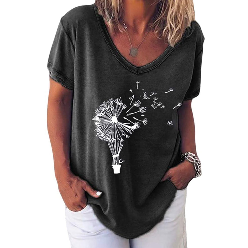 Mimacoo Dandelion Print Shirts for Ladies Short Sleeve Top Round Neck Pullover Lightweight Comfy Tee 