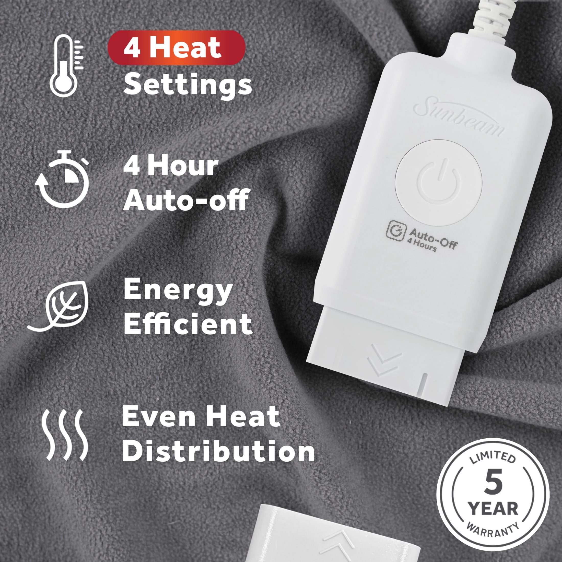 Sunbeam Electric Heated Throw Blanket Gray Polar Fleece 4 Heat Settings Auto-Off 50x60