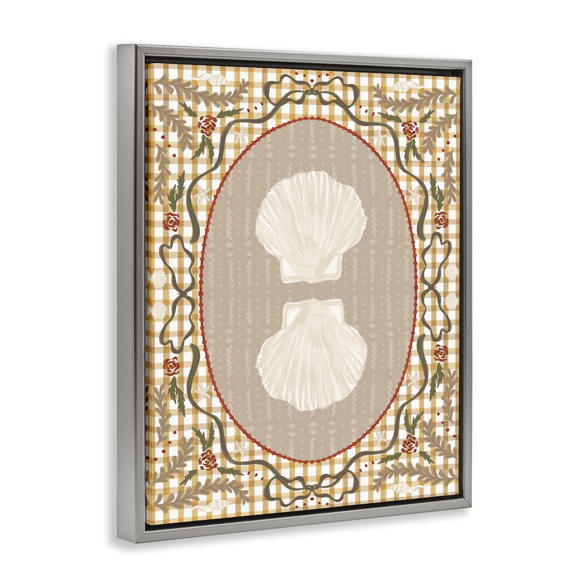 Stupell Industries Vintage Shells on Gingham Gray Framed Floater Canvas Wall Art, design by Vero Illustrates