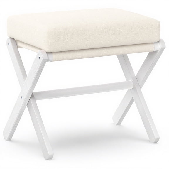 Bamboohomie Foldable Vanity Stool, Bamboo X-Leg Patio Ottoman and Footstool with Padded Cushion, 250 lbs Capacity, White