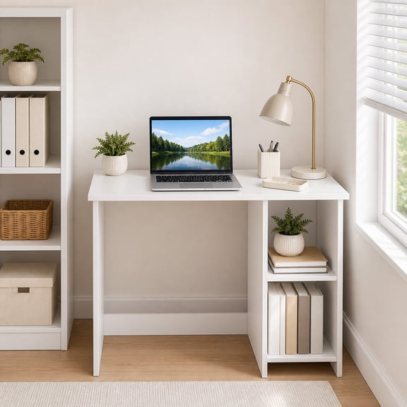 31.5 " Modern Home Office Desk with 2 Compartments, Wood Computer desk for Small Space,White