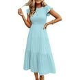 thumbnail image 1 of Tumotour Robes d'Été pour Femmes, Ligne A, Col Rond, Couleur Unie, Robe Décontractée à Volants, Longueur Thé, Manches Courtes, Robe Midi Évasée Fluide, Robes Bohèmes pour Sorties, Plage, Rendez-Vous, Vacances, 1 of 7