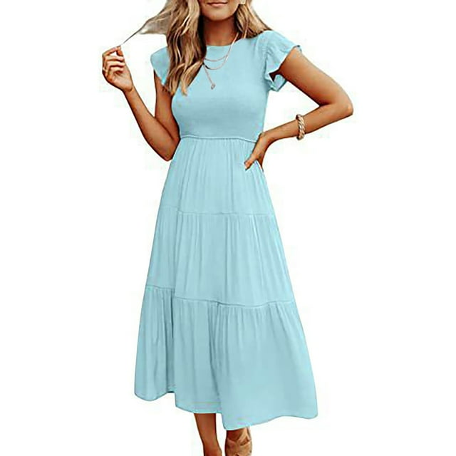 Tumotour Summer Dresses for Women A-Line Round Neck Solid Color Ruffle Casual Dress Tea Length Short Sleeve Midi Dress Swing Flowy Boho Dresses for Going Out Beach Date Vacation