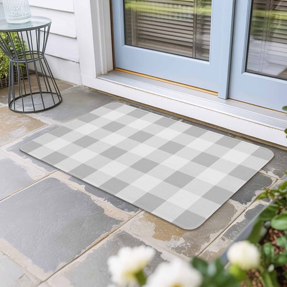 Grey Plaid Door Mat Indoor Outdoor, Spring Summer Farmhouse Buffalo Checkered Non Slip Welcome Mat with Rubber Backing, Absorbent Fabric Front Door Mats Entryway Rug for Home Patio Entrance 24"x36"