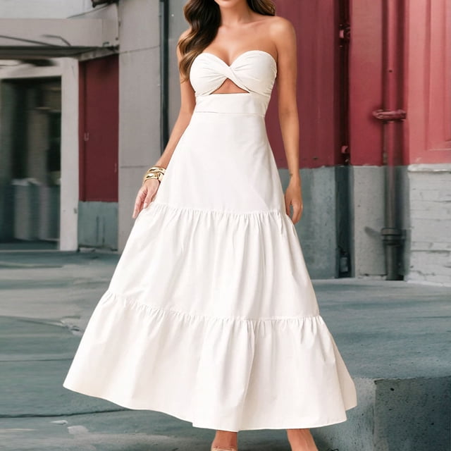 Ovzne Robes pour Femmes Robe pour Femme Mode Femmes Couleur Unie Aguichant Tube Top Bretelles Dos Nu Robe à Étages Robe de Printemps Liquidation