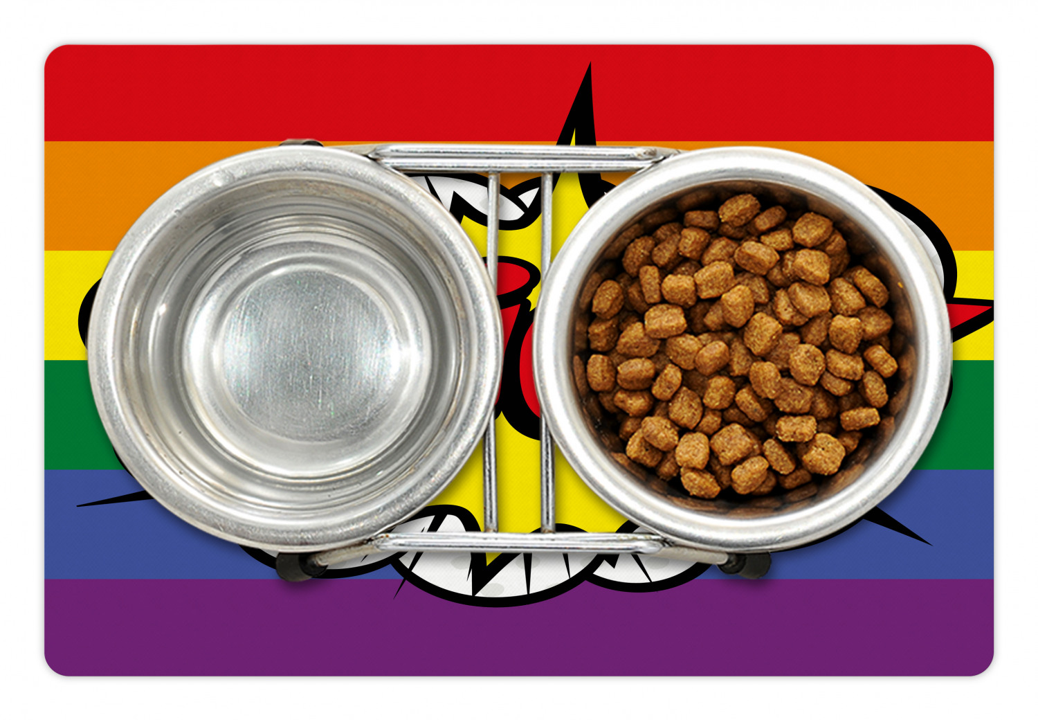 Pride Pet Mat for Food and Water, Pop Art Style Comic Book Pride Hand Lettering Effect and Rainbow Flag Image, Non-Slip Rubber Mat for Dogs and Cats, 18" X 12", by Ambesonne - image 1 of 2