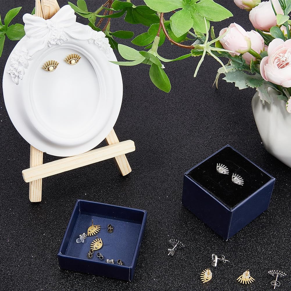 1box 18 Pairs 2 colors 304 Stainless Steel Eye Stud Earring Finding Earring Settings with Round Tray Golden & Stainless Steel color 8.5x13mm Pin: 0.9mm Tray: 3mm 9 Pairs/color