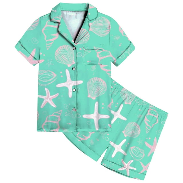 Ensemble de Pyjama en Satin à Imprimé Océan pour Filles, Confortable et Doux, Tenue de Nuit pour Tout-Petits à Ados, Tenue Décontractée de Détente