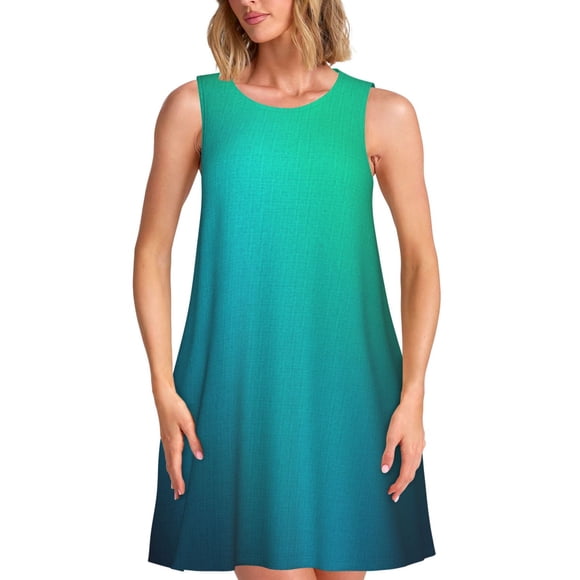 Bixox Green Turquoise Teal Print Women's Sleeveless A-Line Dress with Pockets, Casual Knee-Length Tank Dress for Summer-Large