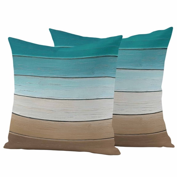 Teal Brown Outdoor Waterproof Pillow Covers, Rustic Vintage Abstract Ombre Wooden Plank Decorative Square Throw Pillowcase Sofa Cushion Sham for Patio/Couch/Chair, 26"x26" 2 Pack