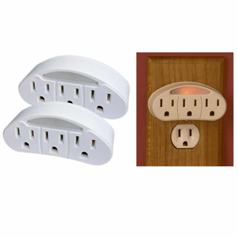 3 Outlet Wall Tap with Sensor Night Light Expands 1 Grounded Outlets into 3 