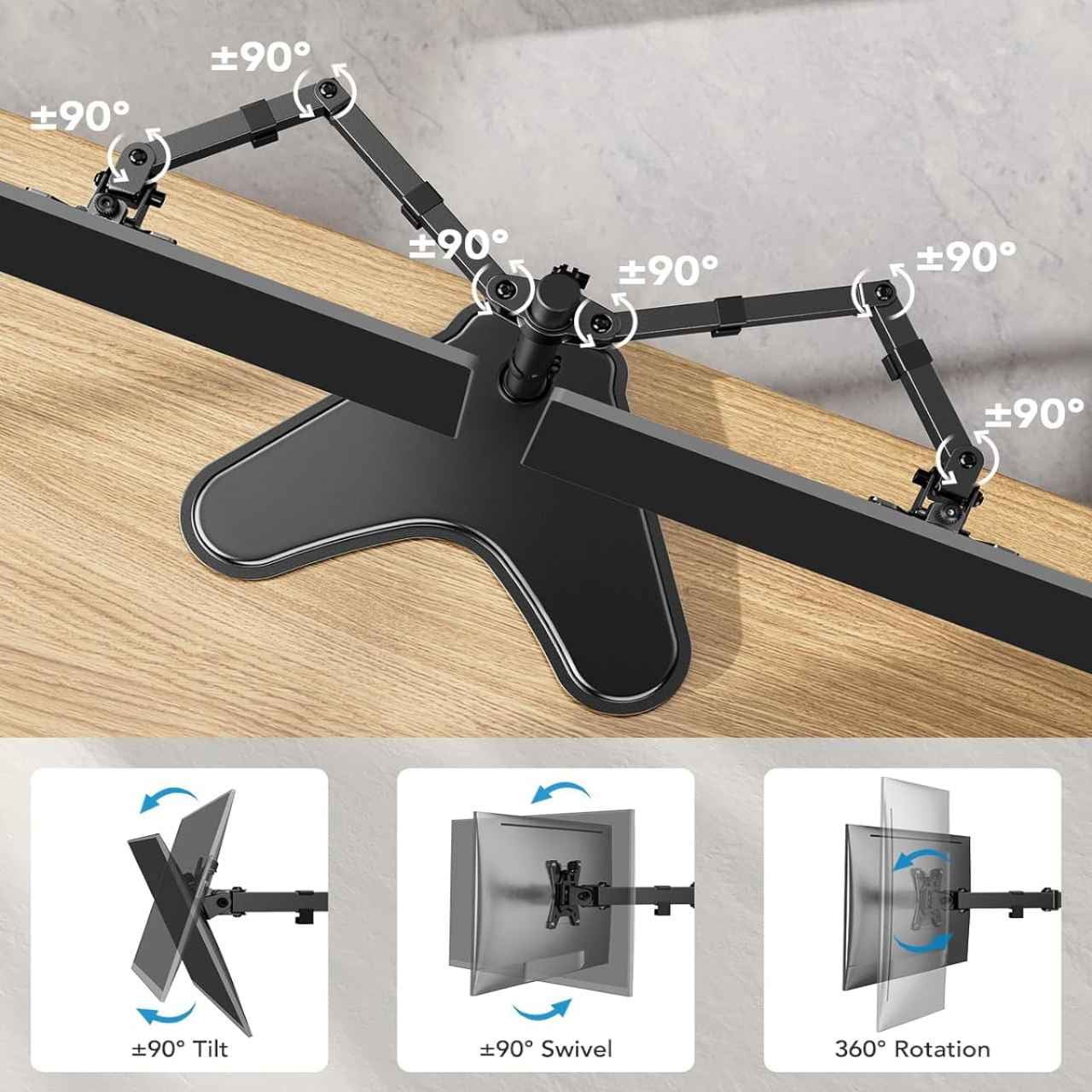 Dual Monitor Stand for Two 13-32 inch Flat Curved LCD Screens with Swivel, Tilt, Rotation & Height Adjustable Free Standing, Black