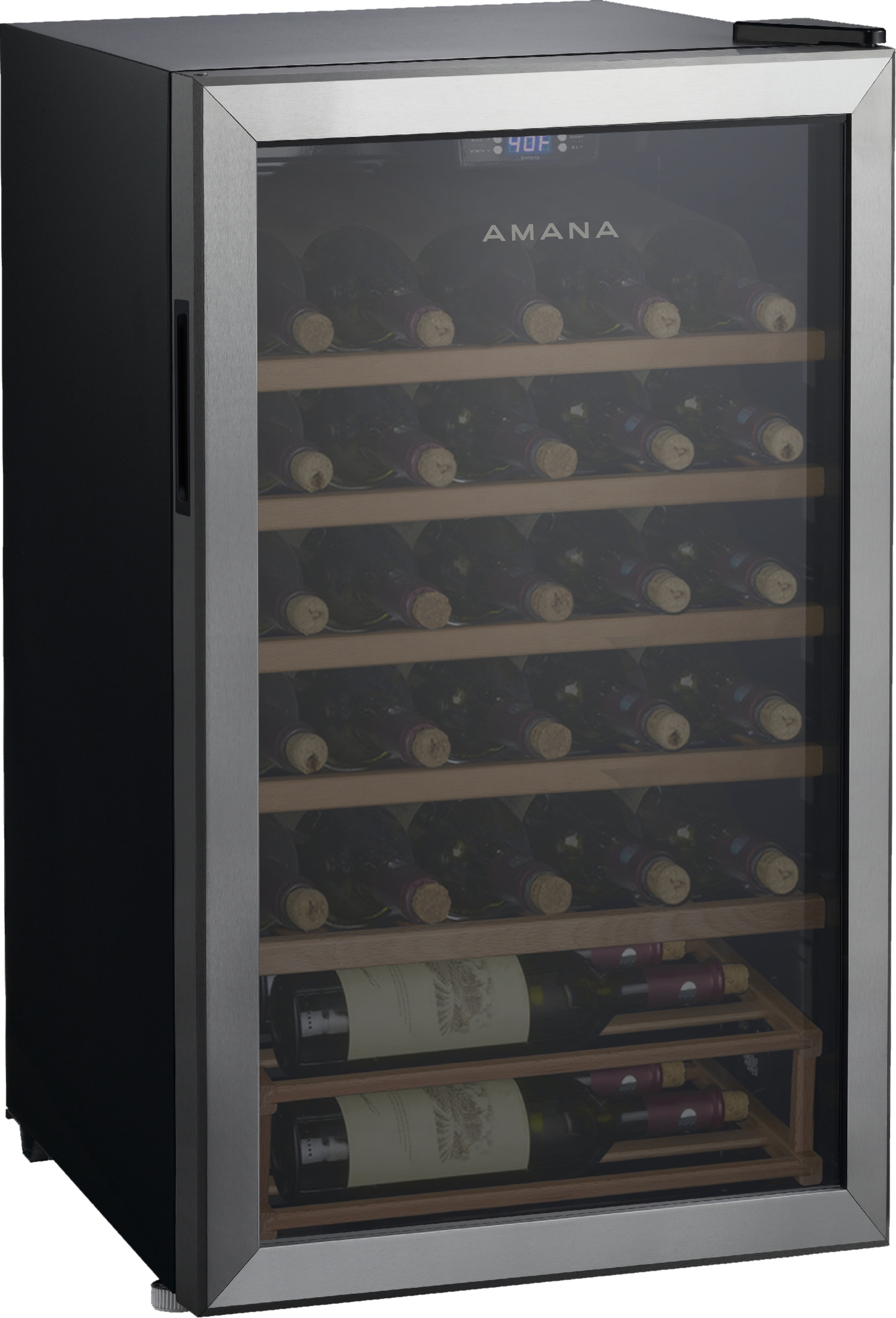 wine fridge with wood shelves