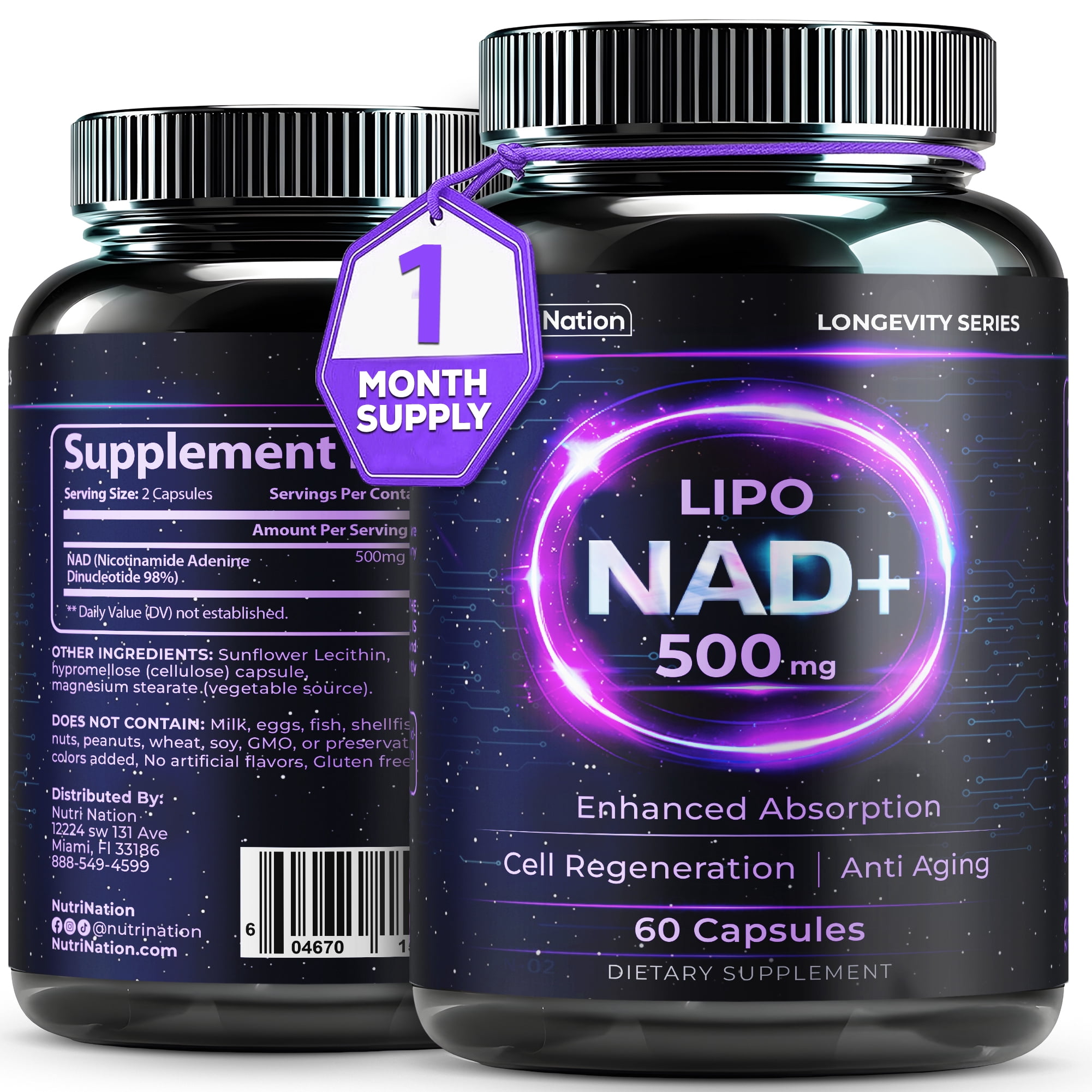 Nutri Nation Liposomal NAD 500mg Supplement 120 Capsules, Nicotinamide Adenine Dinucleotide, for Anti Aging and Cell Regeneration, 2 Bottles, Made in USA