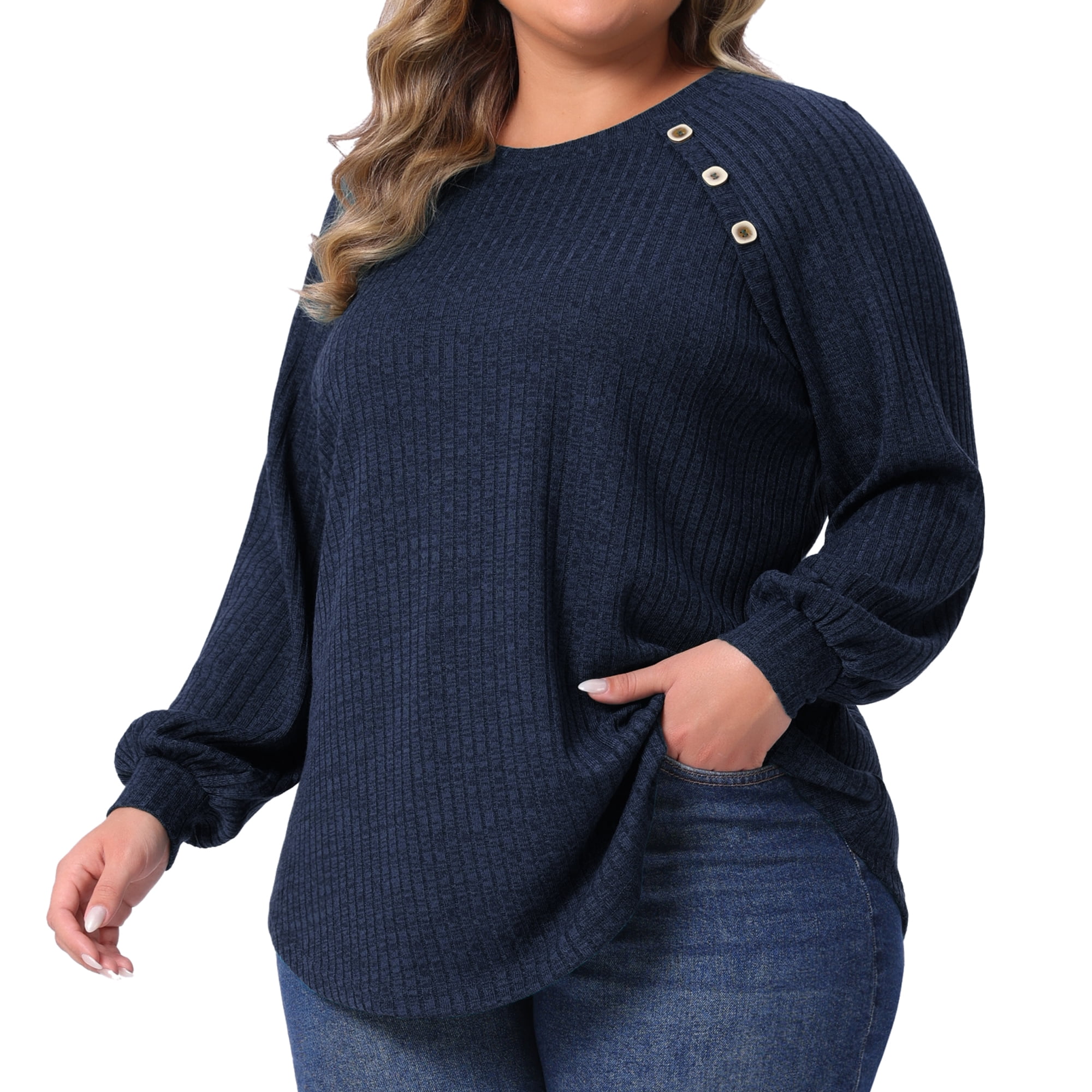 DARING DIVA Women's Plus Tops Crew Neck Button Decor Pullover Blouses 2X Dark Blue