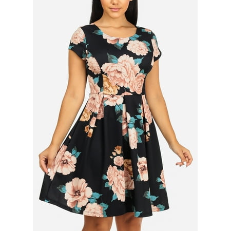 Womens Juniors Gilli Brand Cocktail Short SleeveKnee Length Fit And Flare Floral Print Navy Dress
