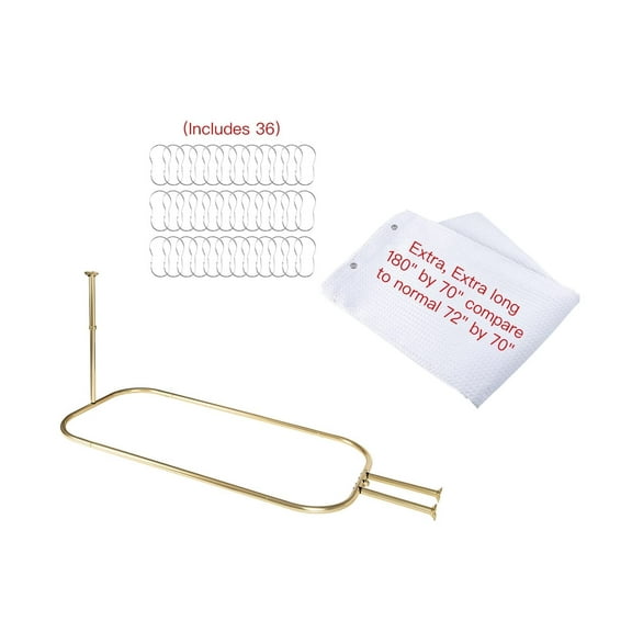 Utopia Alley Rustproof Wall Mounted Aluminum Hoop Shower Rod With Ceiling Support for Clawfoot Tub, 45.7 Inch Size by 22 Inch, Gold White Shower Curtain 180x70inch