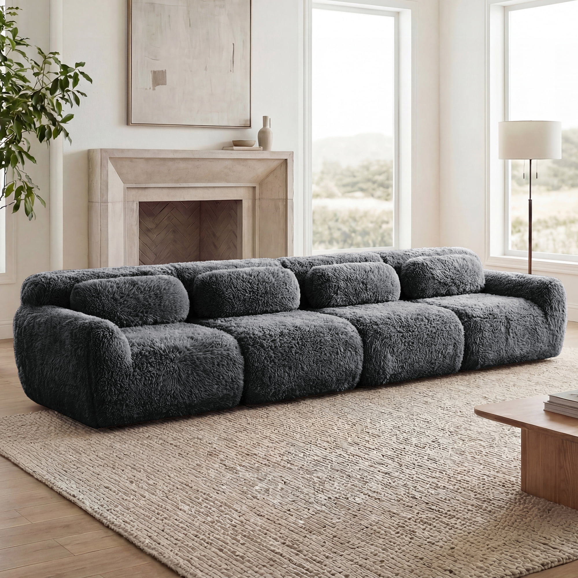 Anpport 149'' 4-Seater Modular Sectional Sofa Couches, Soft Fluffy Plush Fabric with Throw Pillows, Buckle Connection, for Study, Apartment & Bedroom, Drak Grey
