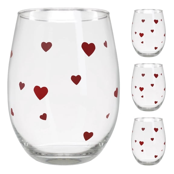 Hearts Wine Glass Set - Set of 4 Stemless Glasses with Red Heart Designs - 20 oz.