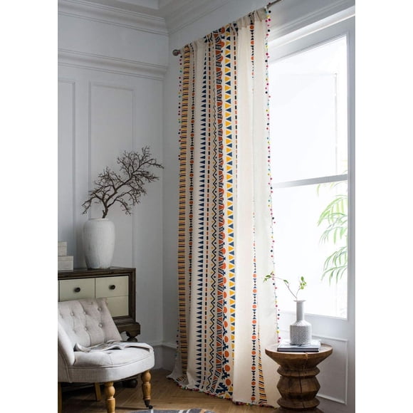 Nvzi Cortina de lino y algodón estilo bohemio con estampado geométrico de pompones de colores, paneles transparentes bohemios para dormitorio y sala de estar, 1 pieza, 59" de ancho y 86" de largo
