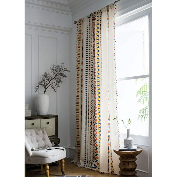 Nvzi Cortina de lino y algodón estilo bohemio con estampado geométrico de pompones de colores, paneles transparentes bohemios para dormitorio y sala de estar, 1 pieza, 59" de ancho y 86" de largo