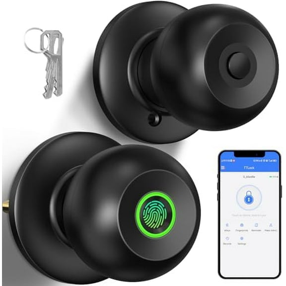 Fingerprint Door Knob with Lock, Smart Lock for Bedroom Door, Biometric Door Lock with App Control & Key, Thumbprint Keyless Entry Door Lock for Front Door, Home, Apartment, Office, Matte Black$$