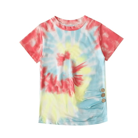 

YWDJ 6-15years Girls Graphic Tees Summer Short-sleeved Color Tie-dye Pattern Round Neck T-shirt Tops For Kid Red 10-12Years