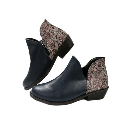 

Fangasis Ladies Winter Shoes Side Zip Booties V Cut Ankle Boots Casual Walking Low Calf Bootie Anti-Slip Chunky Heel Short Boot Dark Blue 5.5