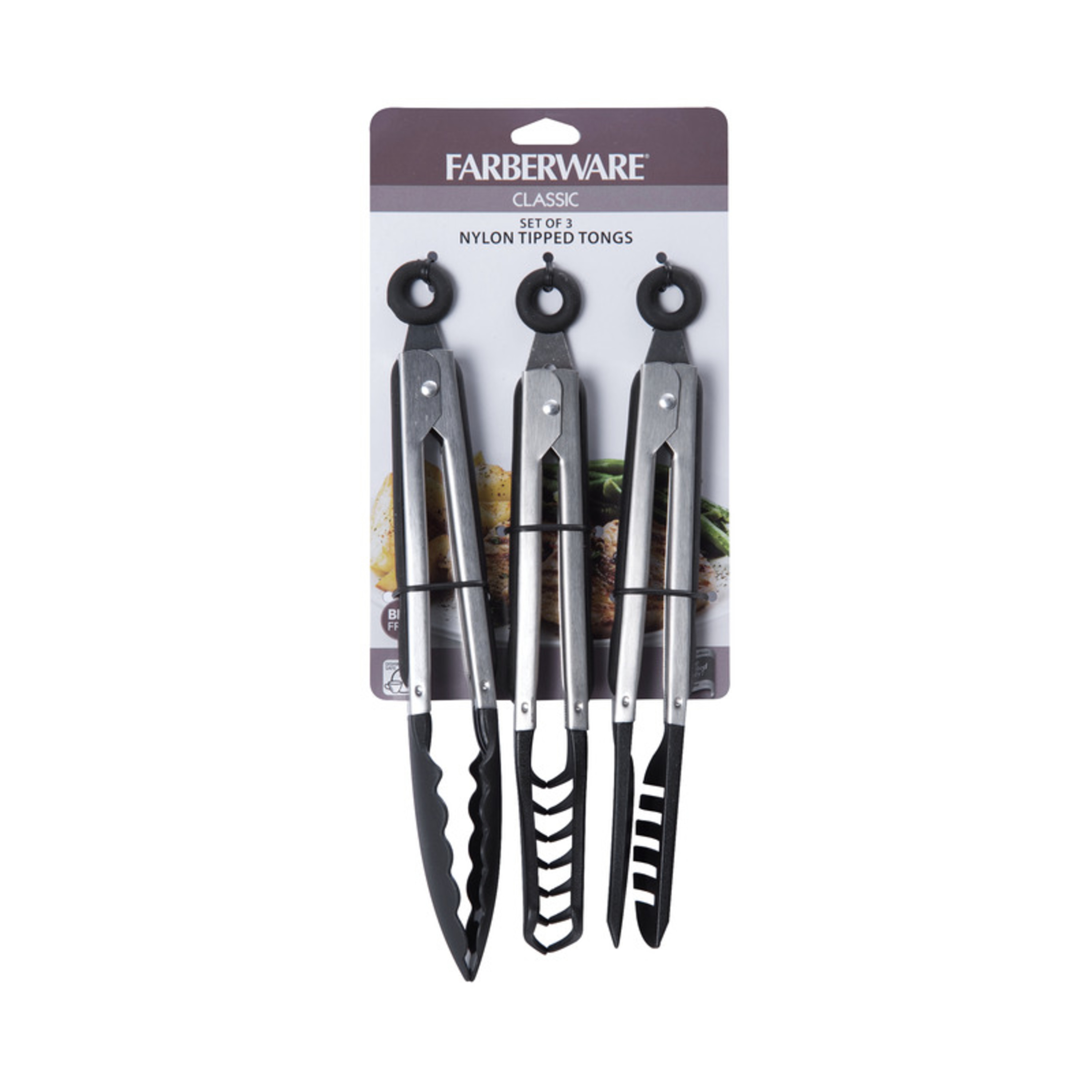 Farberware Classic Set of 3 Stainless Steel Nylon Tipped Tongs Black