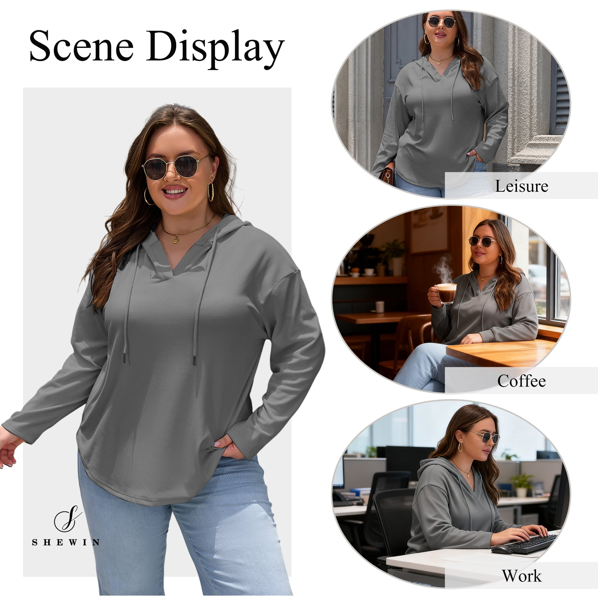 SHEWIN Sweatshirt for Women Plus Size Hooded Sweatshirts Fleece Sweatshirt V Neck Drawstring Long Sleeve Hoodie Pullover Tops for Fall 2025 Gray 3X