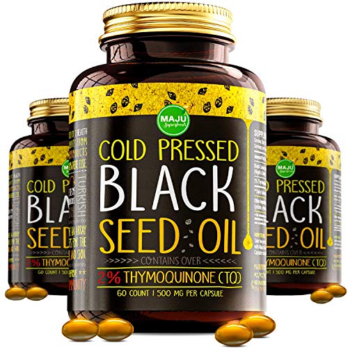 MAJU's Black Seed Oil Capsules - Cold Pressed, 2% Thymoquinone, 100% Turkish Black Cumin Nigella Sativa Seed Oil, Organic BSO, Non-GMO, 100% Liquid ...