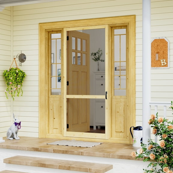30" x 80" Screen Door Exterior Door Front Door Pine Wood Paintable Anti Insect Animal Kid Friendly Including Screen Door Handle & Auto Closer Kit