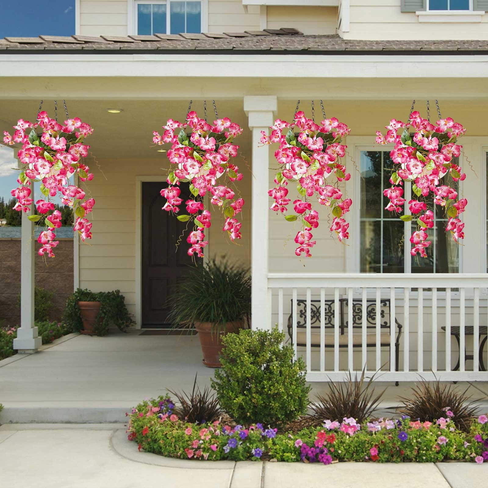 3pcs Artificial Fake Hanging Hibiscus Flowers Plants Baskets for Outdoor Outside Spring Summer Decoration, Faux Silk Hibiscus Long Vines in Planter UV Resistant Realistic Flowers