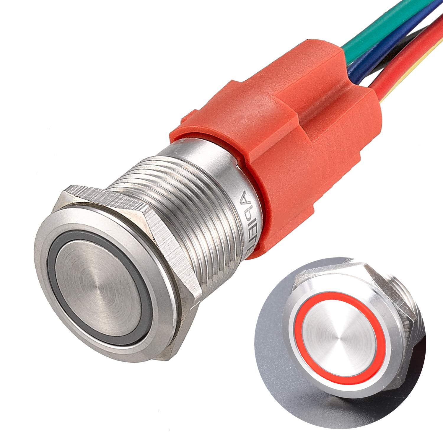 Connector O-ring 16mm 12V RED Led Angel Eye Push Button Metal ON-OFF Switch 