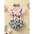 thumbnail image 3 of Genuiskids Infant Baby Girls 3Pcs Clothes Outfit Summer Round Neck Fly Sleeve Tops Milk Cow Printed Suspender Shorts Headband 3-24M, 3 of 9