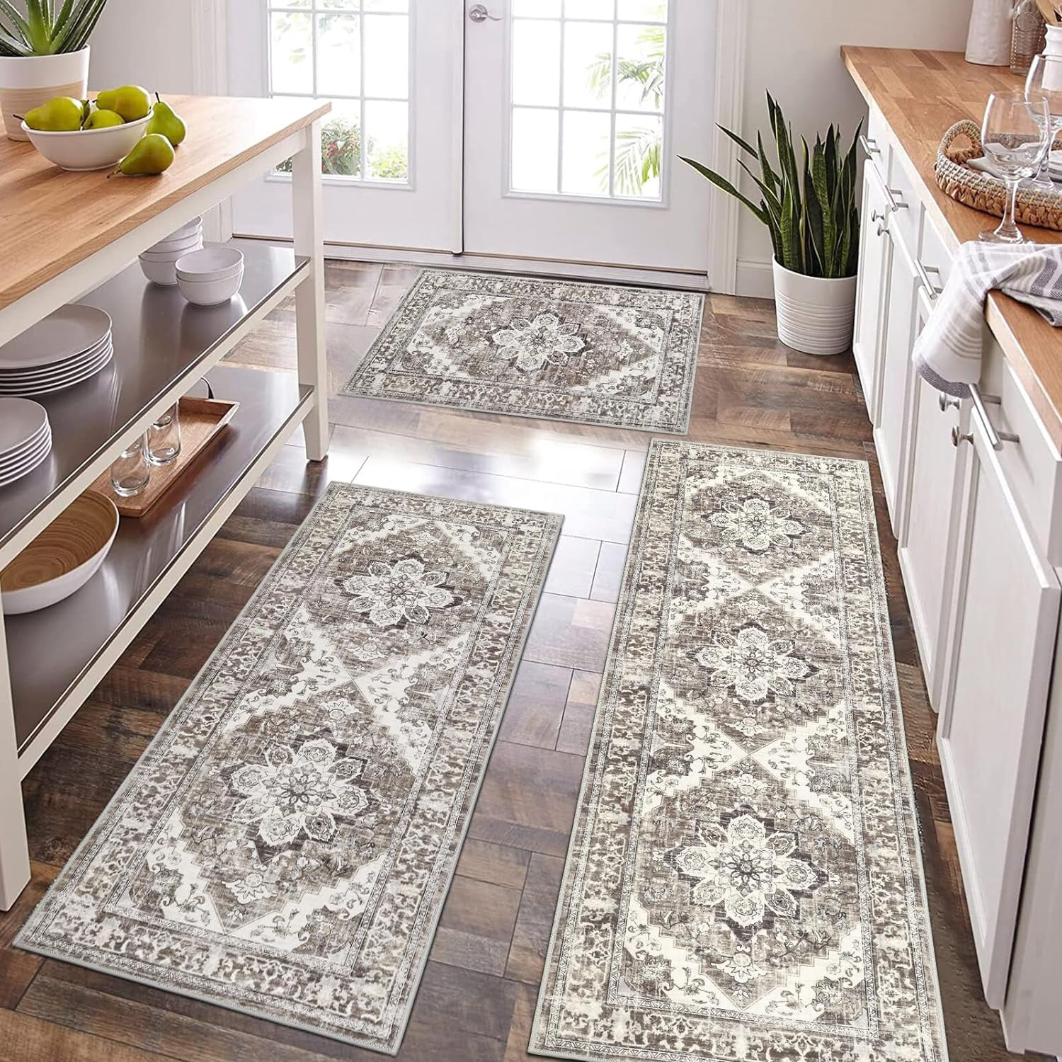 Kitchen Rug and Mat, Yamaziot Boho Kitchen Rug Set of 3, Non Slip Washable Farmhouse Floor Mat Hallway Runner, Laundry Room Carpet