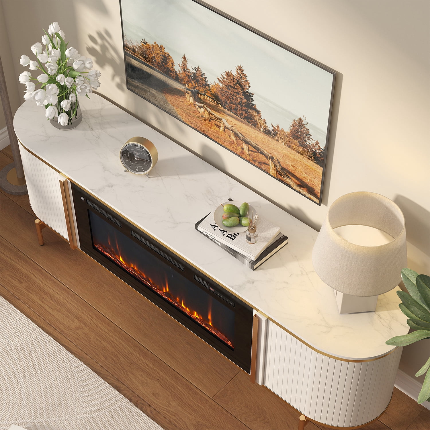Sonegra 70" Fireplace TV Stand, Modern Entertainment Center for TVs Up to 80", TV Console Table for Living Room, Media Cabinet with Storage,70 Inch, White