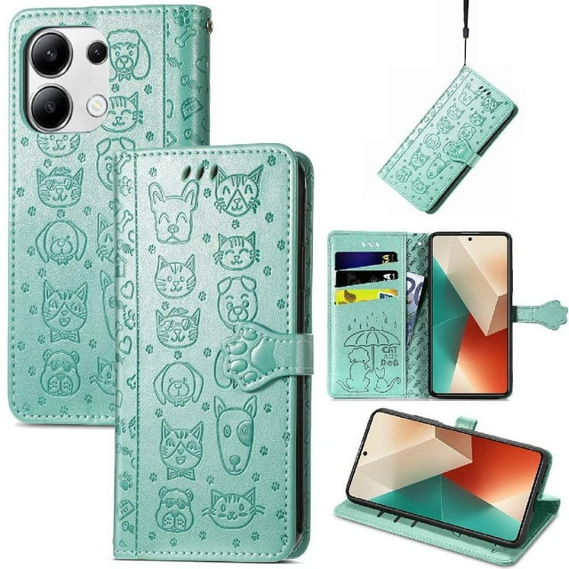Funda Cartera FOXDOCK para Xiaomi Redmi Note 13 4G , Flip PU con Relieve de Gatos y Perros, Tarjetero y Soporte