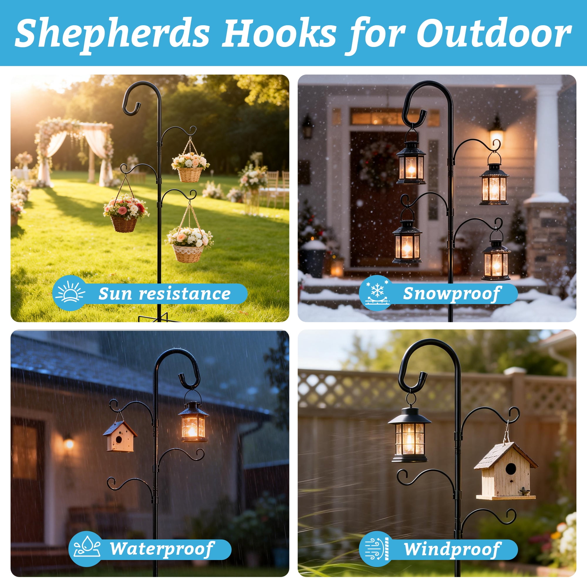92 Inch Shepherds Hooks for Outdoor with 4 Hooks, Heavy Duty Bird Feeder Pole with 5 Base Prongs, Adjustable Garden Hanging Holder for Bird Feeders, Lanterns, Valentine's Gift Weddings Decor