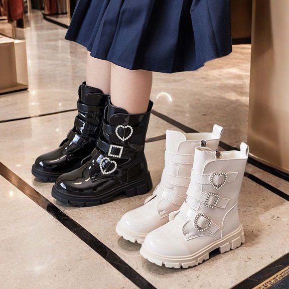Girls Martin Boots Faux Leather Tall Boots with Double Buckle & Side Zipper Non Slip Thick Platform Sole Casual Dress Footwear for Fall Winter Daily Wear Black 2.5(37)