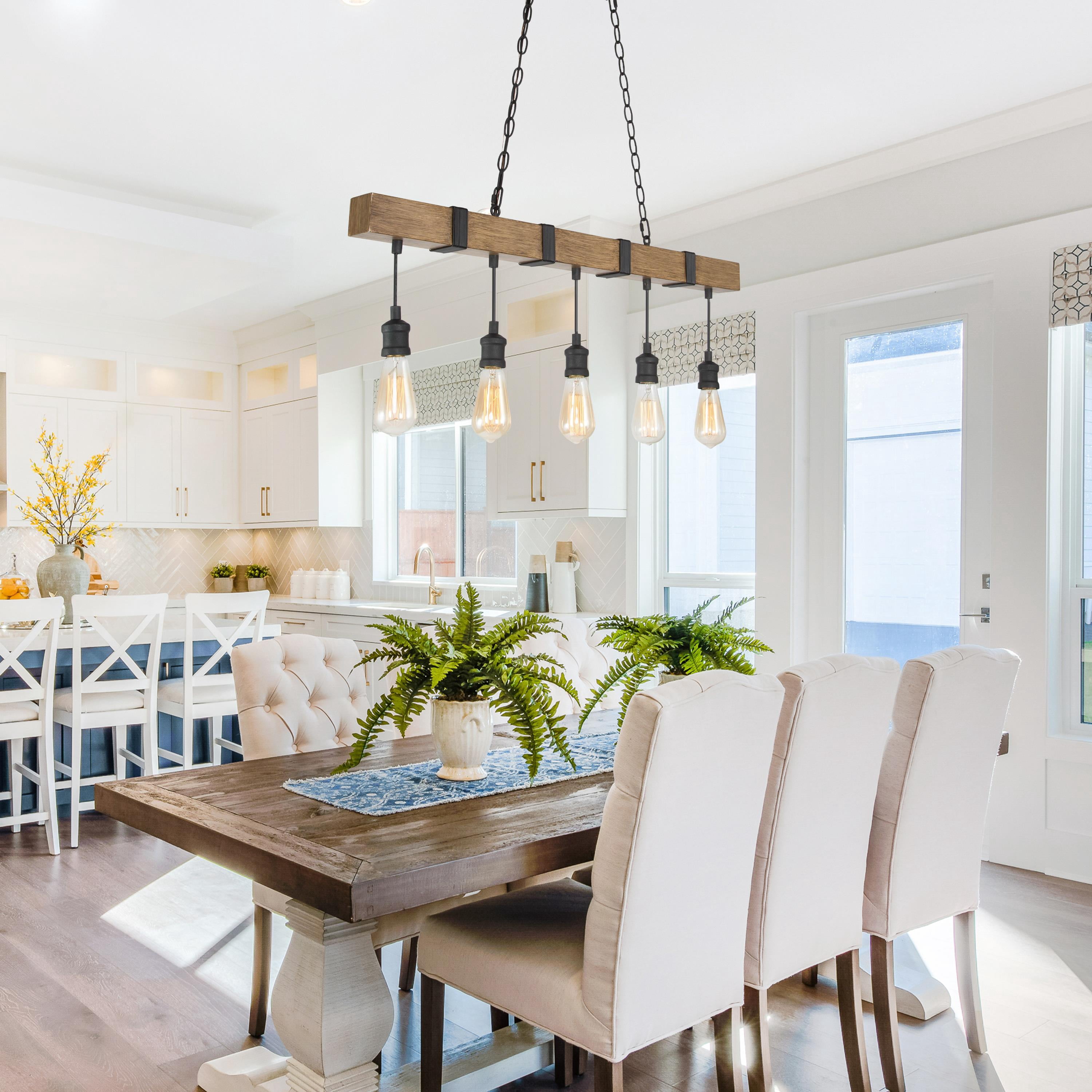 LNC 5-Light Brown Wood and Black Bare Bulb LED Linear Farmhouse Chandelier