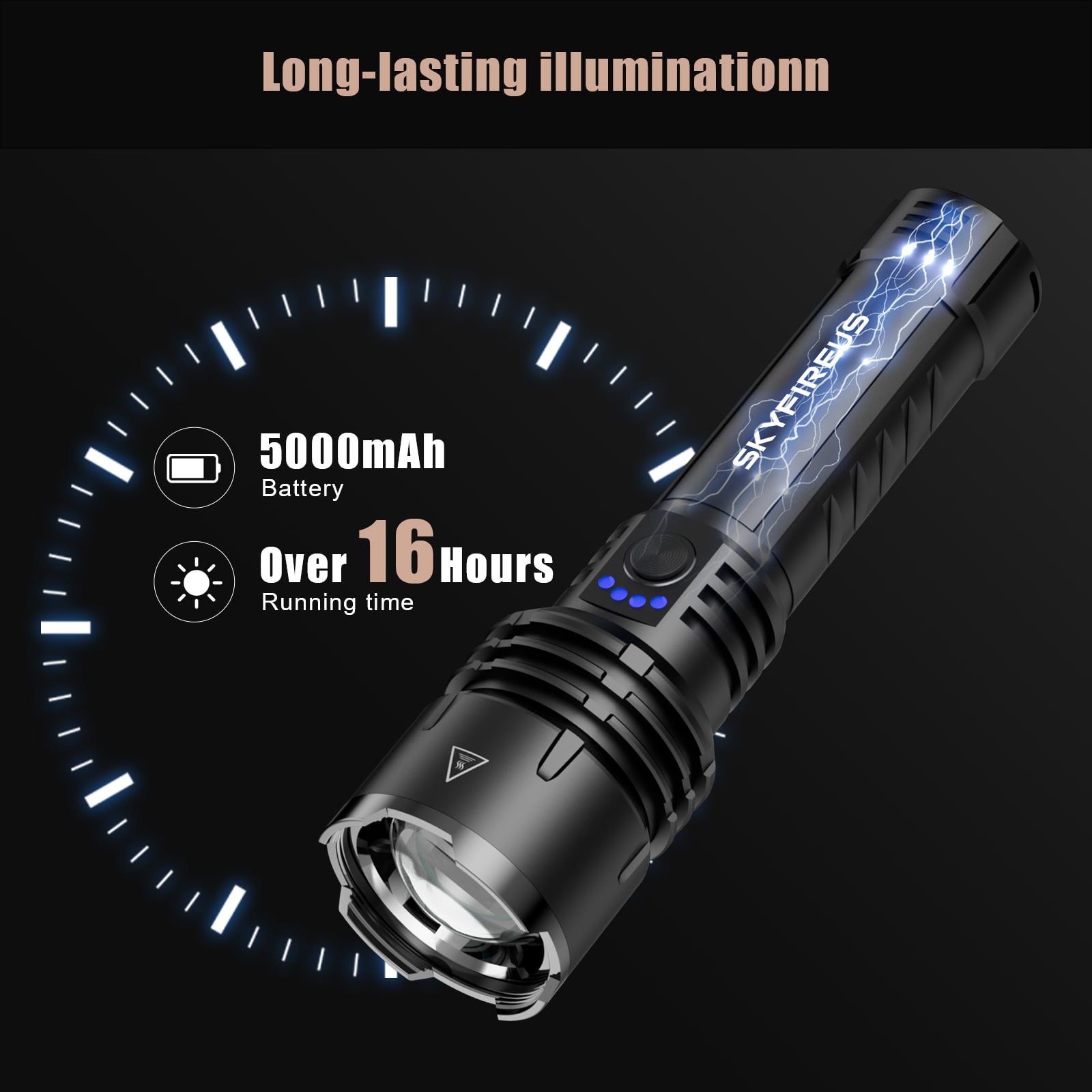 SKYFIRE XHP160 Super Bright 10000 Lumens LED Flashlight, Rechargeable 5000mAh, IP67 Waterproof, Zoomable, 5 Modes, High Power Tactical Flashlight for Camping, Hiking, Emergencies