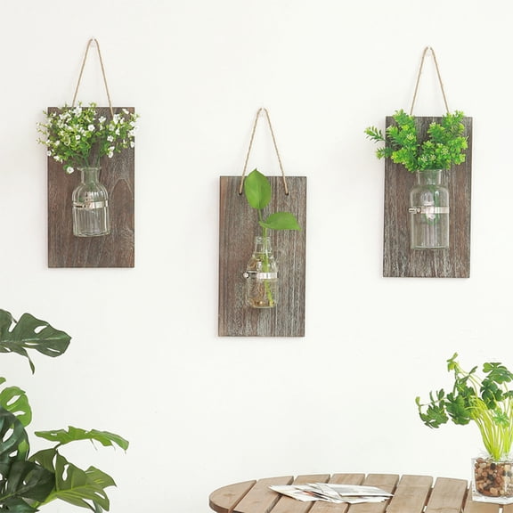 Mobutofu 1Pc Wall Vase Glass and Wood Hydroponic Flower Container Decorative Home Hanging for Living Room