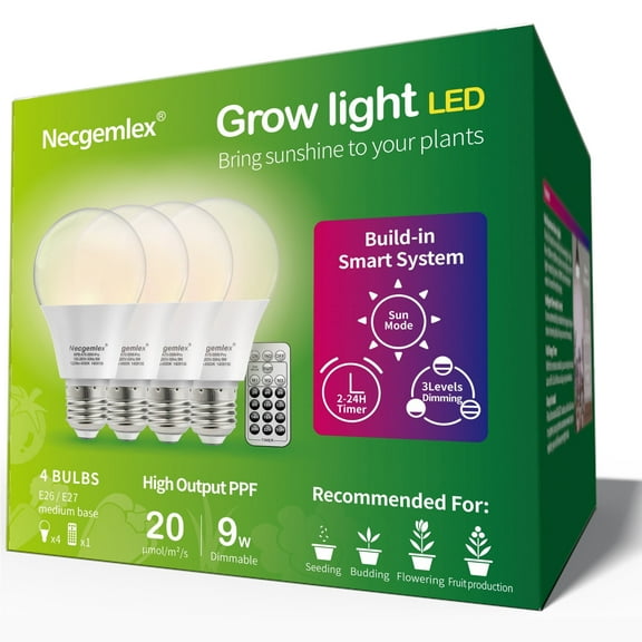 Necgemlex Smart LED Grow Light Bulbs with Remote Controller, Sun Mode, Built-in Daily Auto Timer, 4500K, A21/A70 E26/E27 9W Dimmable Full Spectrum Grow Bulbs for Indoor Plants, 4 Pack