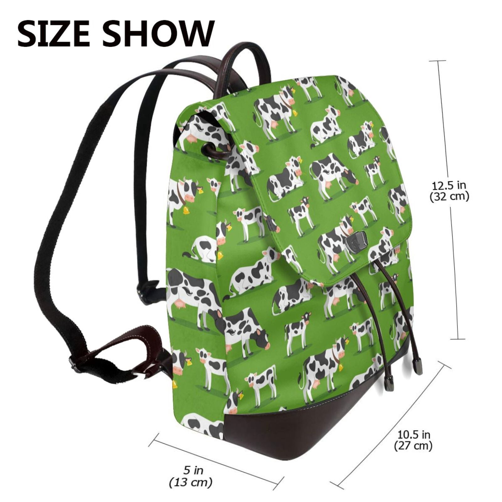 Xecao Cows With Calfs Green Print Large Backpack Soft Leather for Women Travel with Compartment, Adjustable Convertible Strap