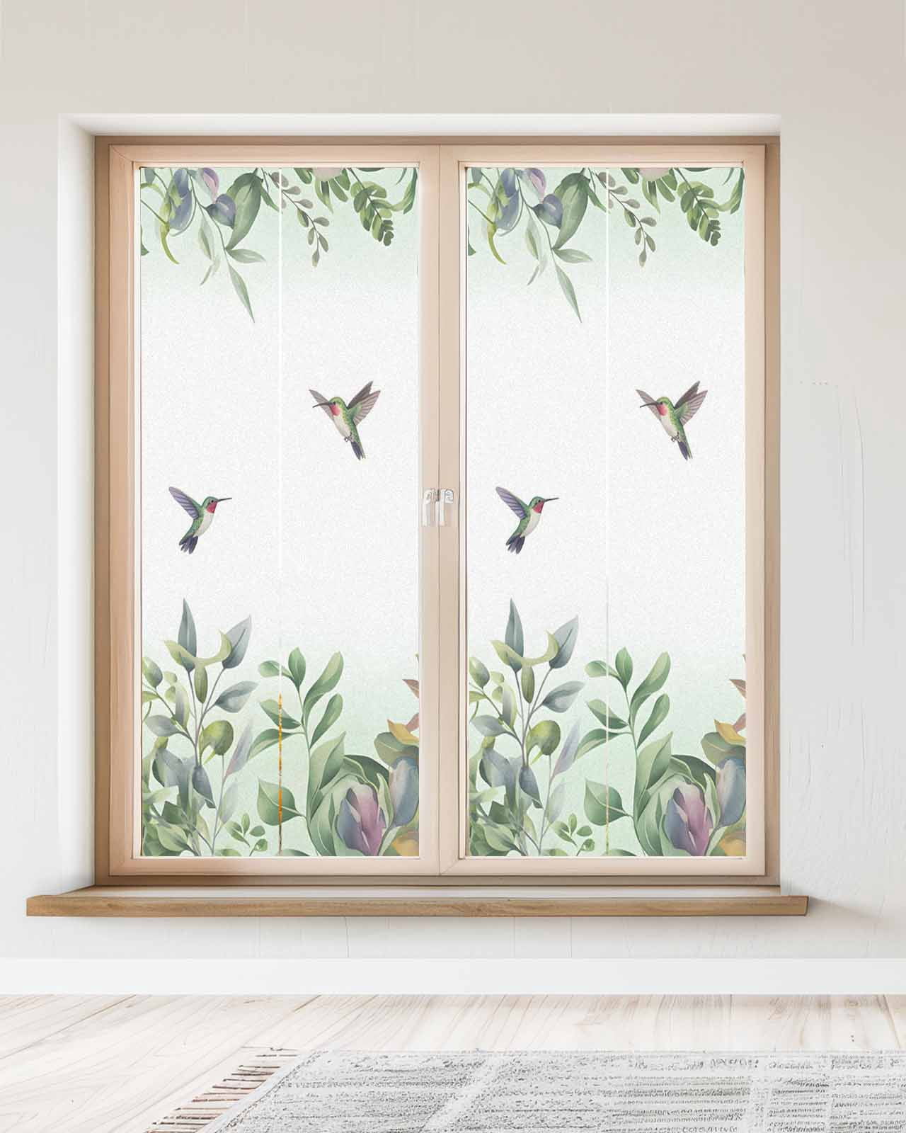 Window Privacy Film Leaf Bird Stained Glass Window Film Decorative Sun Block Window Cover Sage Greeen Botanical Watercolor Plant Window Clings Static Adhesive Sticker for Bathroom 23.6"x59"